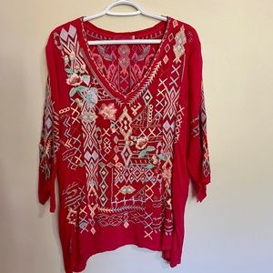 Johnny Was Pink Floral Embroidered V-Neck Top Size L